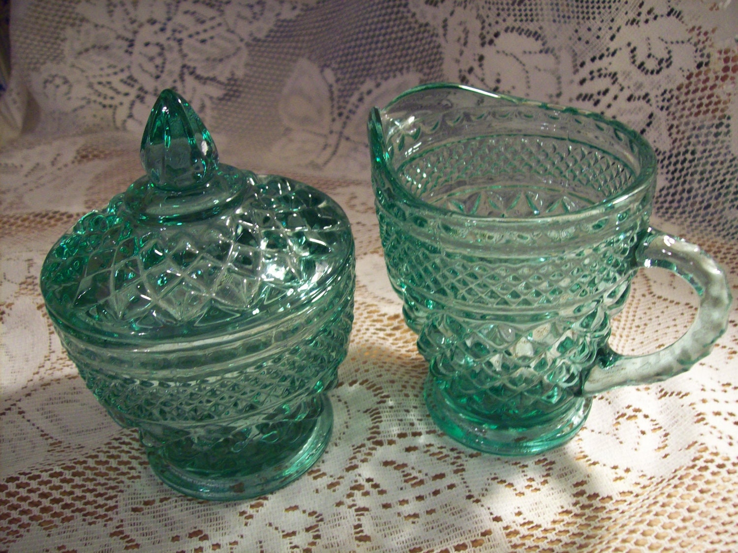 Vintage Green Glass Cream and Sugar Set