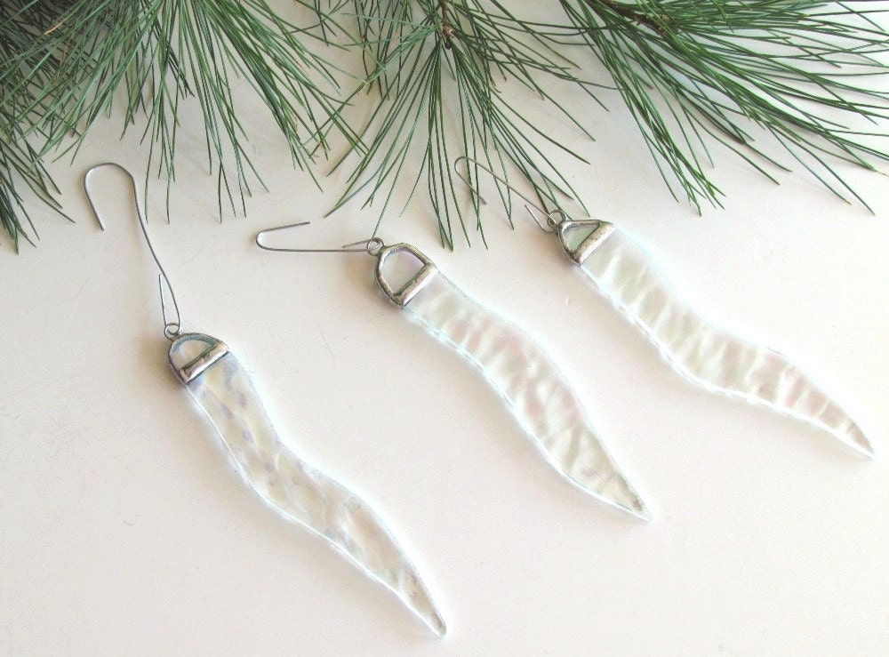 Icicle Ornaments Christmas Tree Decorations, Iridescent Stained Glass Suncatchers, Package Tie Ons, Set of Three