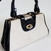 Sale - 1950s Cream Linen Black Patent Purse. Handbag. Mad Men Fashion. Cocktail Fashion. Office Fashion. Fall Fashion