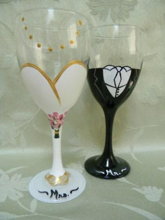 Items similar to SALEWine glassesPainted wine glassespainted Bride and Groom wine glasses