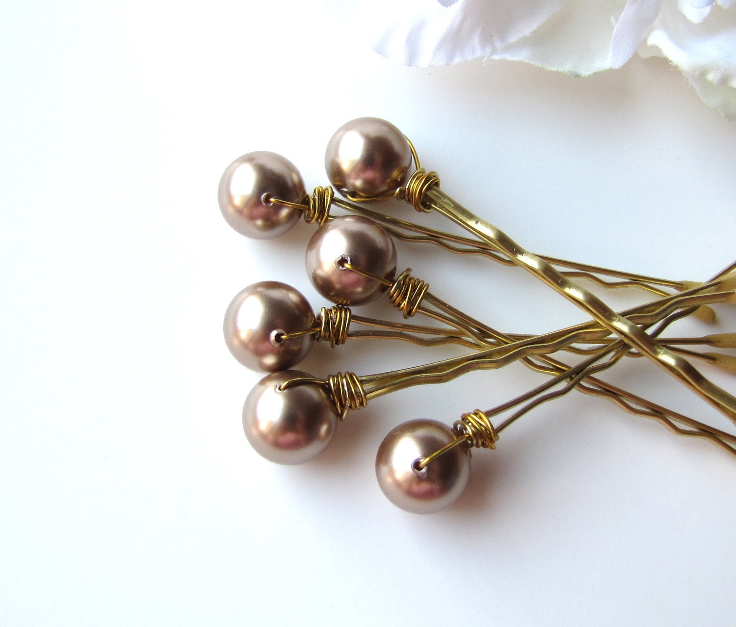 Bronze Wedding Hair Pin Pearls 10mm Swarovski by BellaMiaDesign