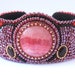 Bead Embroidered Cuff Bracelet "Pomegranate wine" Red Rhodochrosite cabochon OOAK