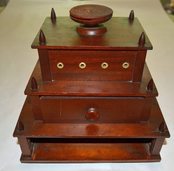 Antique wooden tower Sewing Thread Box