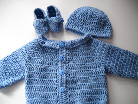 Crochet Baby Blue Wool Sweater Hat Booties Set size by GoingCrafty