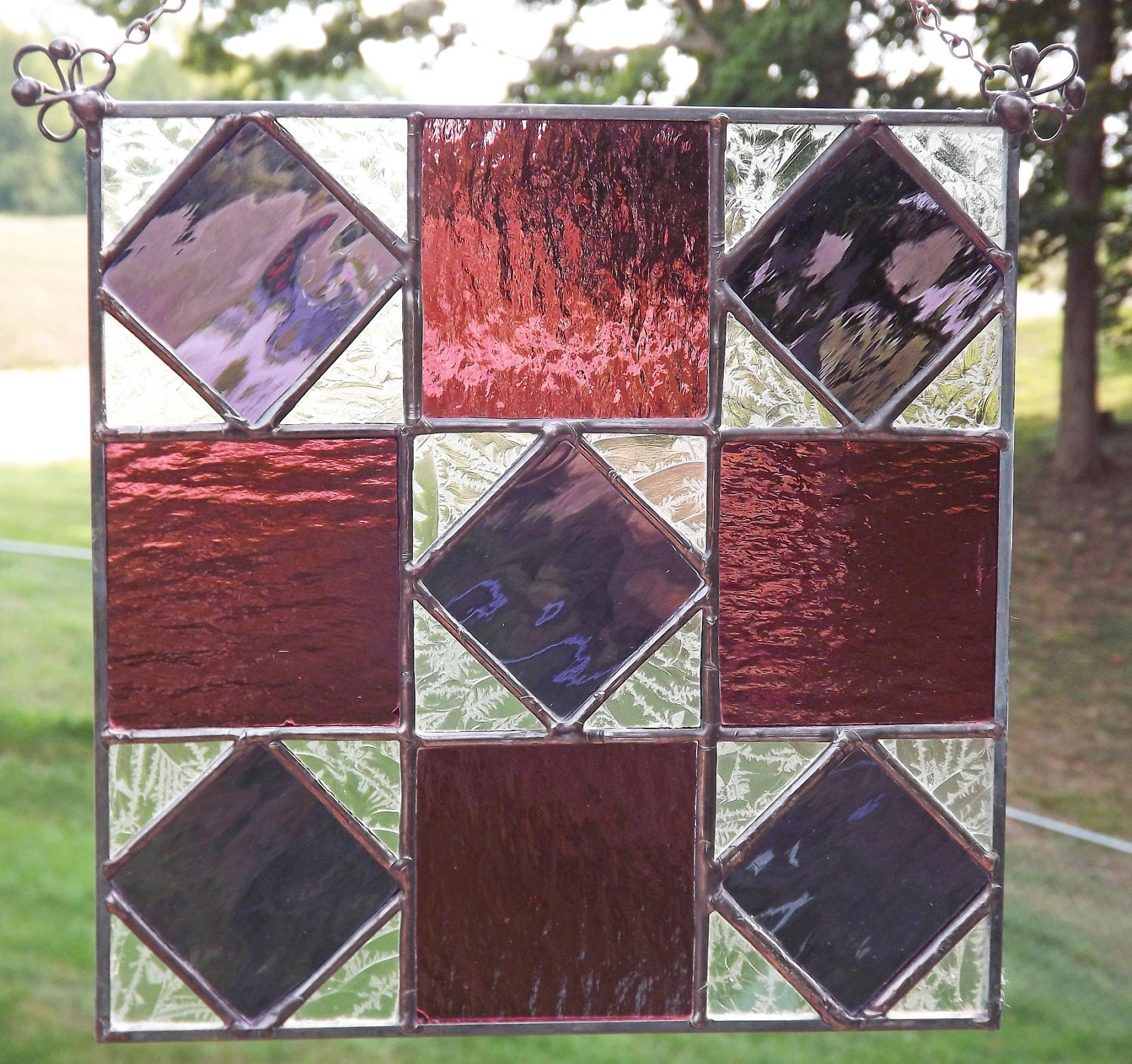Stained Glass Quilt Block Suncatcher Panel Purple Rolling
