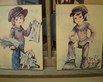 60s Mod Sad Eyed Boys Hip Iconic Pictures Keane Or Keane Style Canvas Look Lithographed Self Mounted Pair