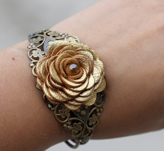 Flower Cuff Bracelet Gold Leather Rose/Filigree Lace