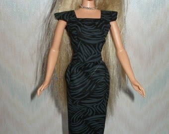 Handmade 11.5" fashion doll clothes - black on black cotton sheath