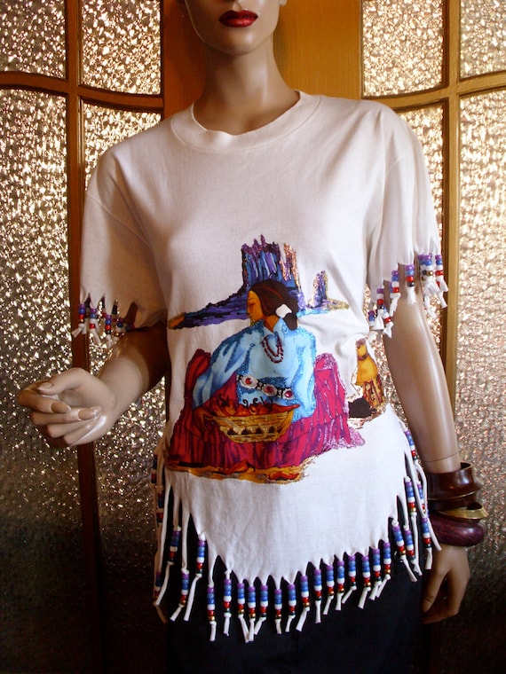 Native American Beaded Fringed T Shirt
