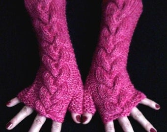 Fingerless Gloves Long Cabled Peony/ Pink Arm Warmers Warm Soft Handknit