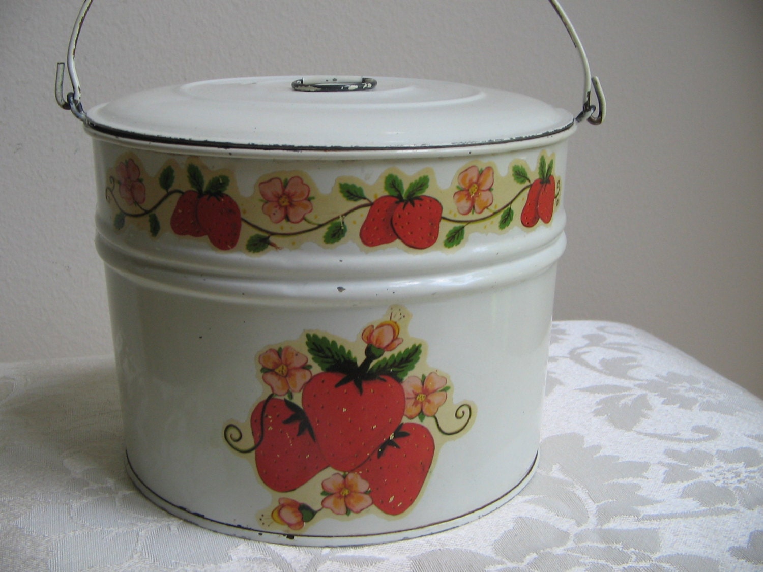 Vintage Strawberry Tin Pail Metal Bucket Original Tiny Tins