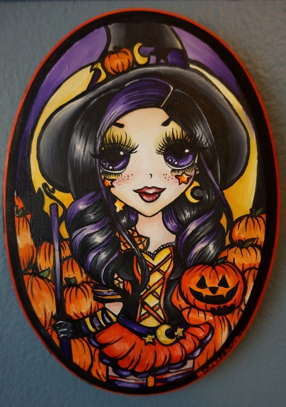 Pumpkin Witch Halloween Decoration Cute Big Eye Girl Art