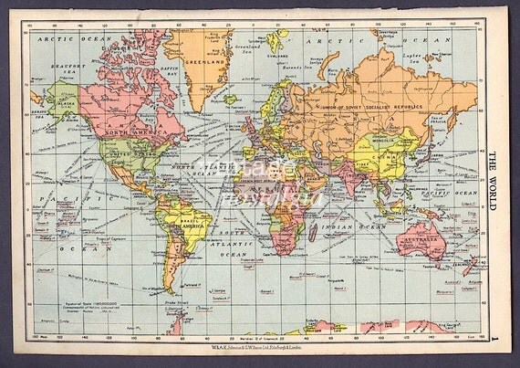WORLD Map 1950s Vintage Map World Atlas Map Geographical
