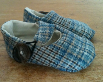 Last Pair, Ready to Ship - Baby Boy Shoes, Toddler Boy Shoes, Blue Plaid Wool Loafers, Soft Sole Baby Booties