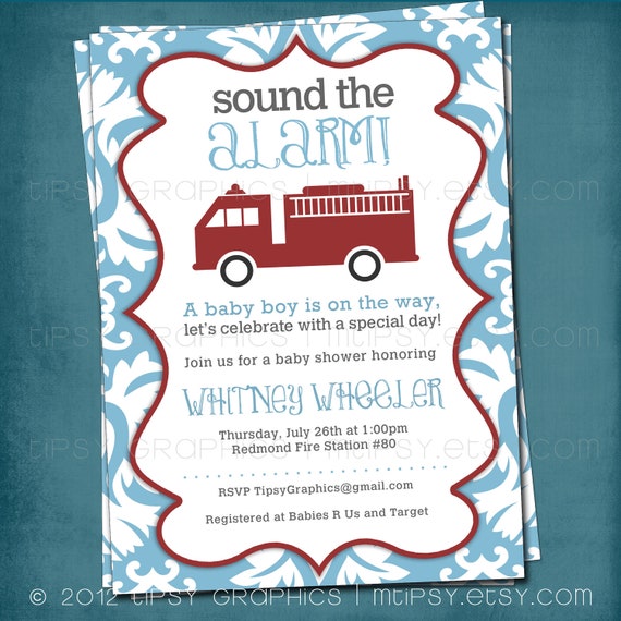 Sound the Alarm. Blue Damask, Little Red Firetruck Baby Shower or Party Invite by Tipsy Graphics. Any colors Il_570xn