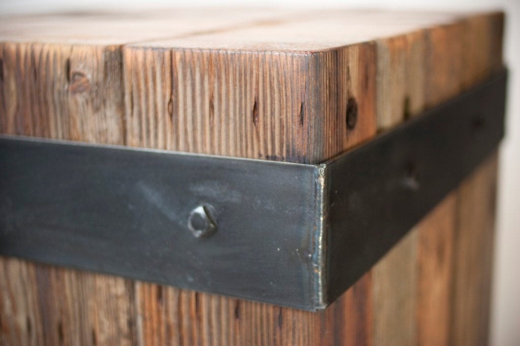 Reclaimed bundled wood beams &amp; steel strap accent table 