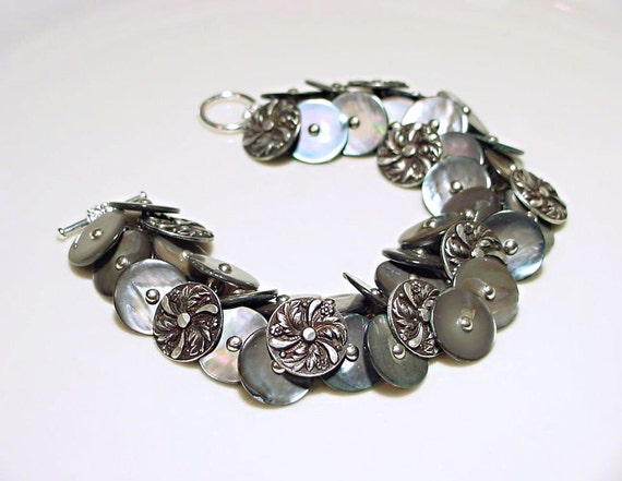 ... Vintage Shoe Button Bracelet - Silver Blue MOP, Antique Pewter