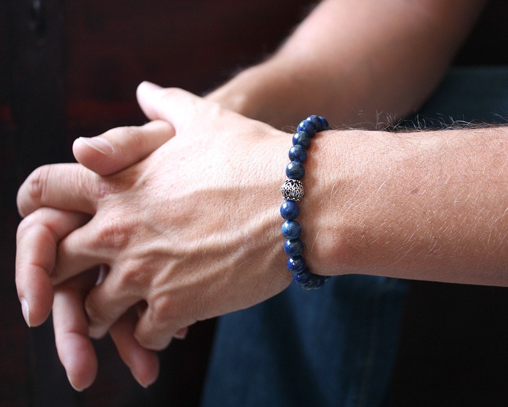 Men's Bracelet Lapis Lazuli Stone & Bali Sterling Silver