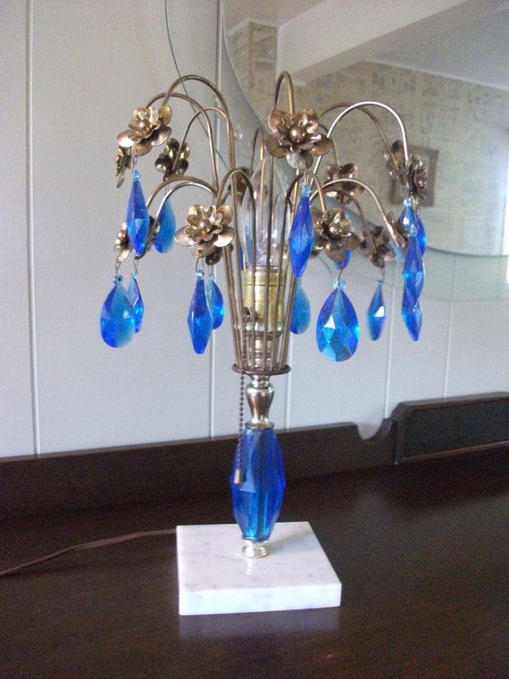 Vintage Waterfall Lamp with Blue Prisms