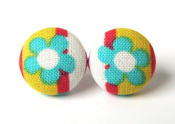 Bright stud earrings funky happy yellow blue red by KooKooCraft