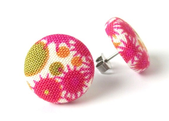 Stud earrings button pink white green bright happy by KooKooCraft