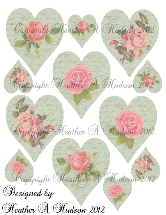 Shabby Vintage Pink Rose Blue hearts  Digital Collage sheet  HAH