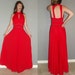 SM Vtg 60s 70s Red Avant Garde Pleated Jewelled Wide Leg Keyhole Cut Out Backless Halter Palazzo Pants Jumpsuit Hostess Maxi Dress