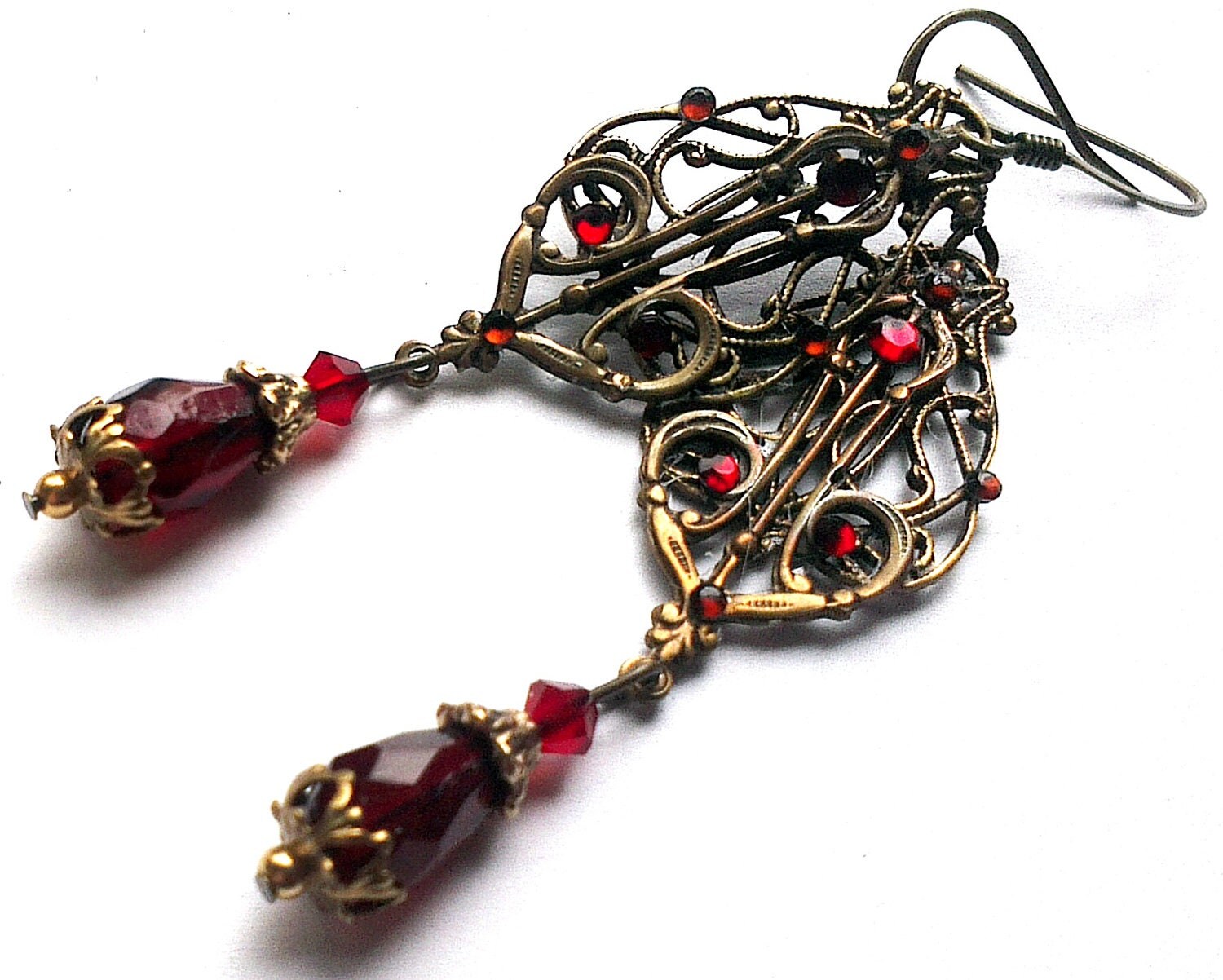 Ornate Victorian filigree earrings chandelier dangle dark