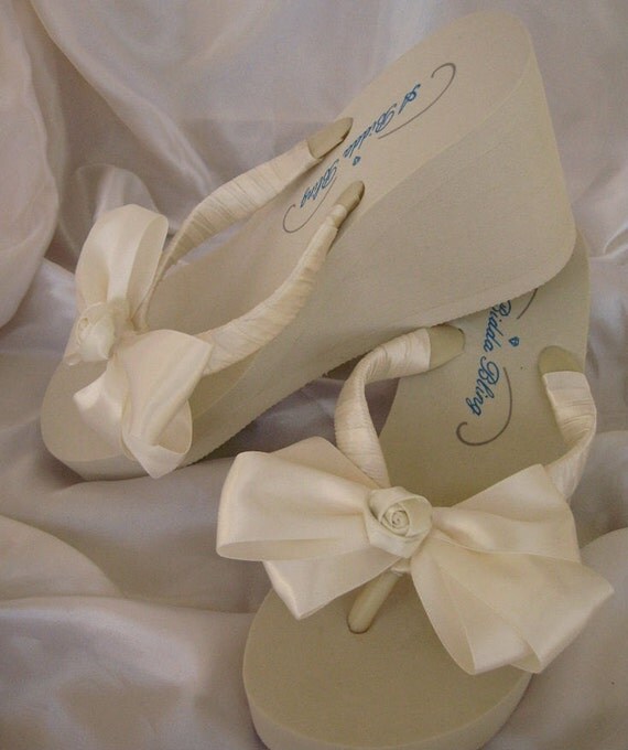 Ivory Flip Flop Sandals with Satin Bow and Rosette Flower Ivory Bridal ...