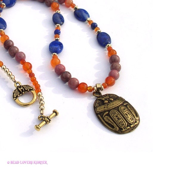 Egyptian Necklace Scarab Pendant Carnelian Lapis Lazuli