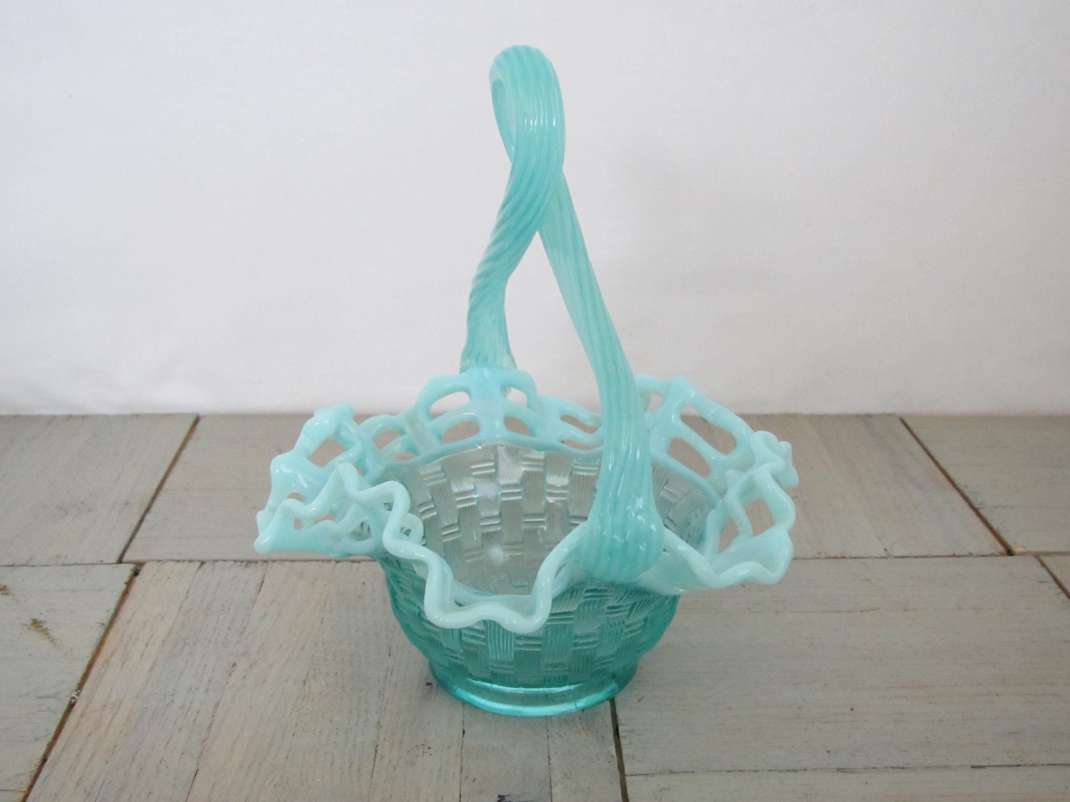 Vintage Fenton glass basket weave dish / aqua blue/ lacy