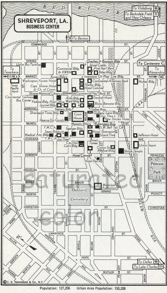 Shreveport LA Louisiana Map Vintage 1950s Original Heart of