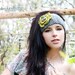 Ear Warmer, with vintage earring jeweled flower- silver grey accented with lime green