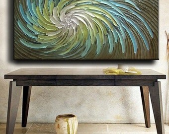 Abstract Painting 60 x 30 Original Abstract Heavy Texture Carved Sculpture Floral Brown Aqua Beige Oil Painting by Je Hlobik