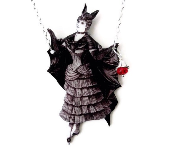 Victorian Vampire Bat Necklace Black White Statement Gothic Jewelry Whimsical Costume Halloween Customize Large Pendant Vintage Wearable Art