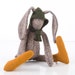 Easter Bunny - Small knitted silk rabbit Wearing Dark green wool Hood and Golden Copper socks - timohandmade Eco Stuffed Doll