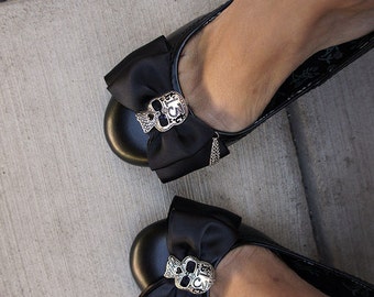 Olivia Paige - Black satin Bows Sugar skulls tattoo shoe Clips punk rock