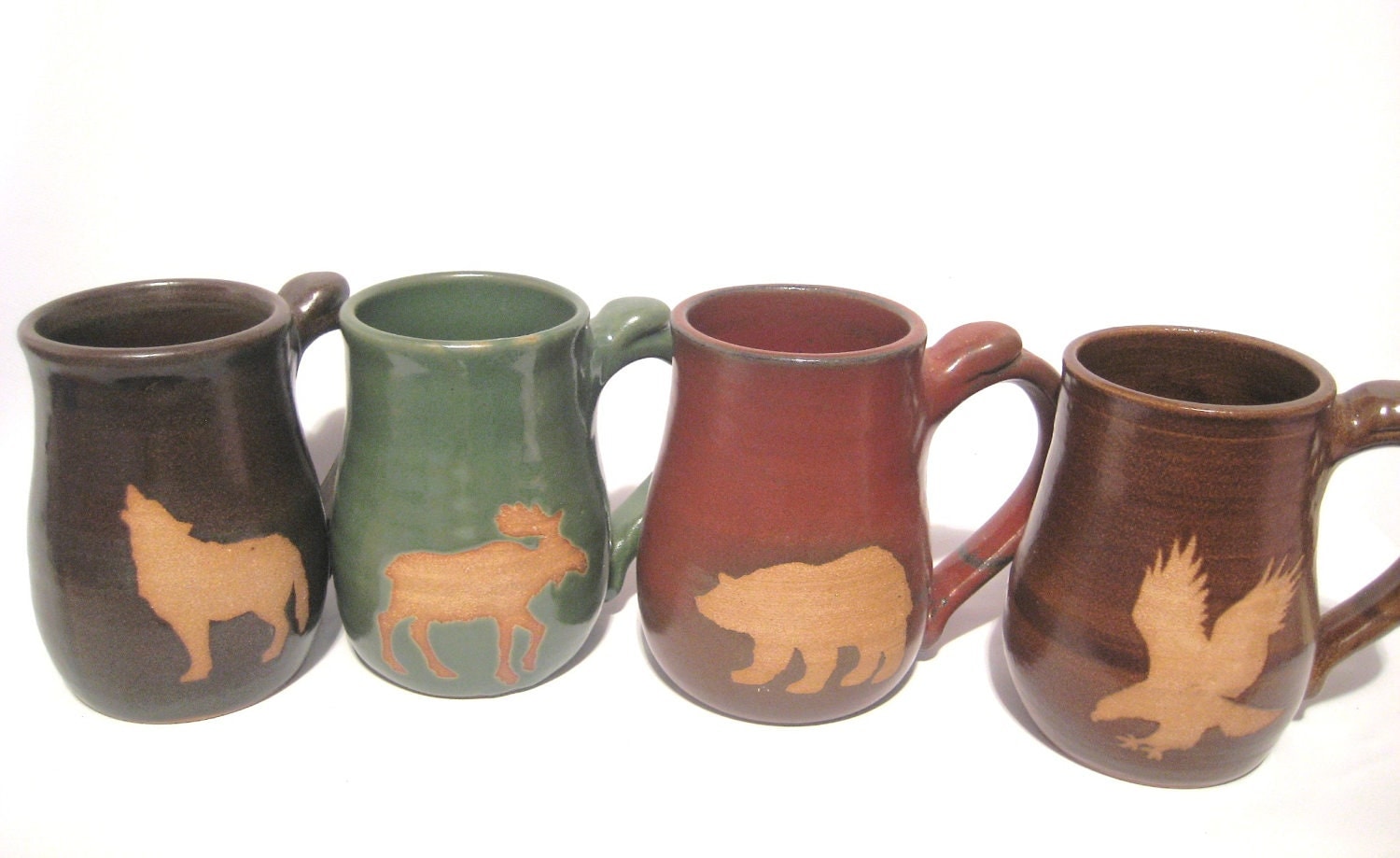 Wild Animal Coffee Mug Set of 4 Handmade Pottery Art