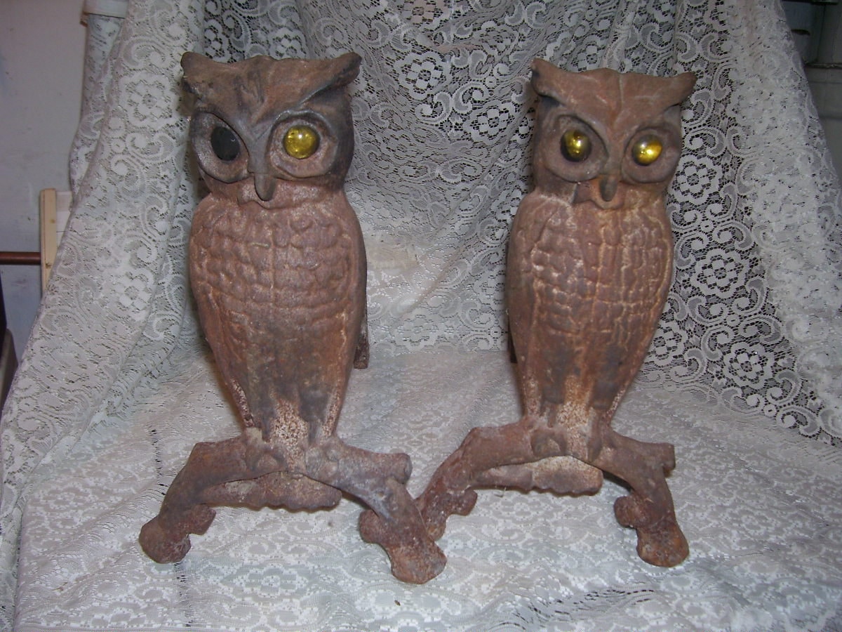 Fireplace Andirons Owls with Yellow Glass Eyes 1800’s Wrought Iron