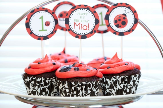 Little Lady Bug Birthday Cupcake Toppers (Set of 12)
