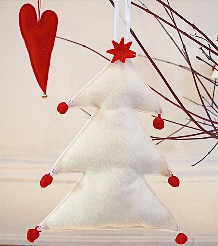 Christmas Tree Ornament/ Cream With Red Pom Poms/ Eco Felt / Handmade/ Ready To Ship