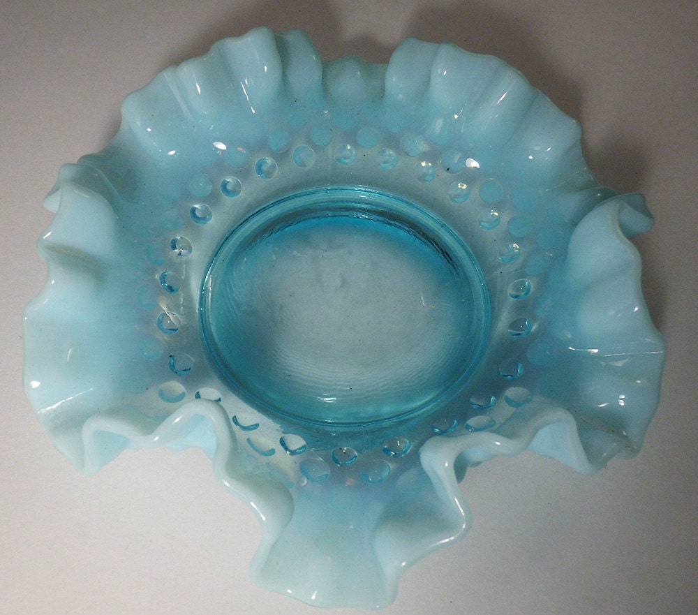 Fenton Blue Hobnail Candy Dish With Ruffled Edge 1950s