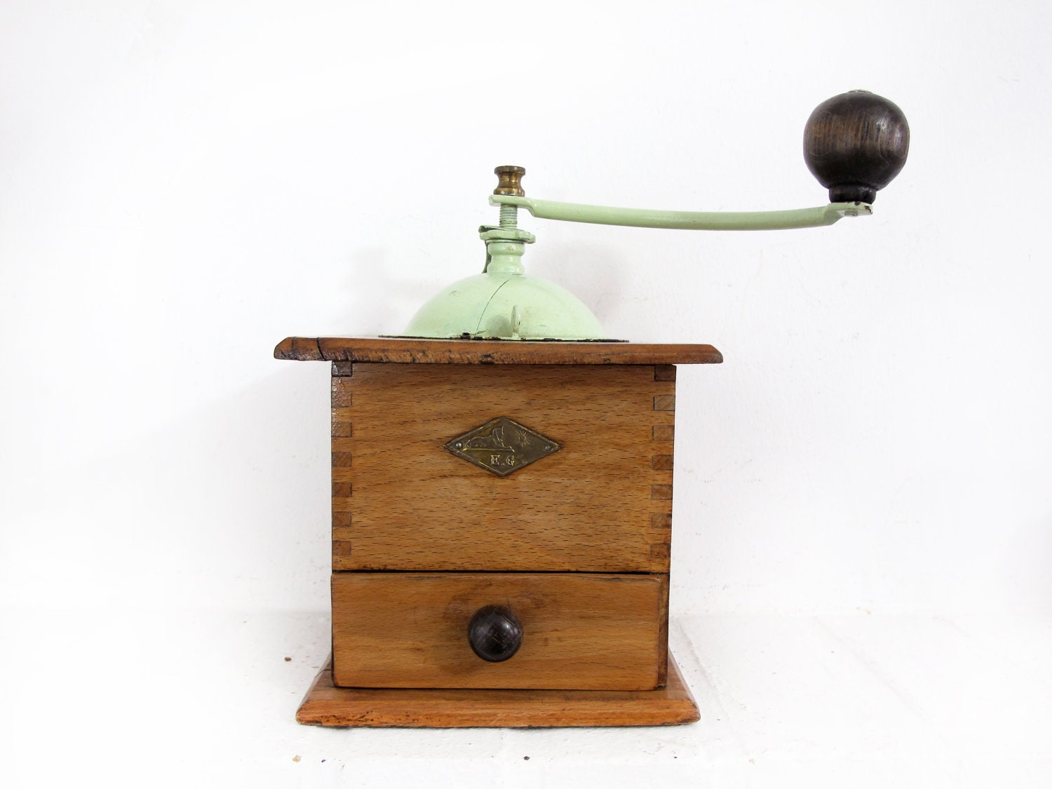 French Antique wood coffee grinder E.G. coffee mill wood