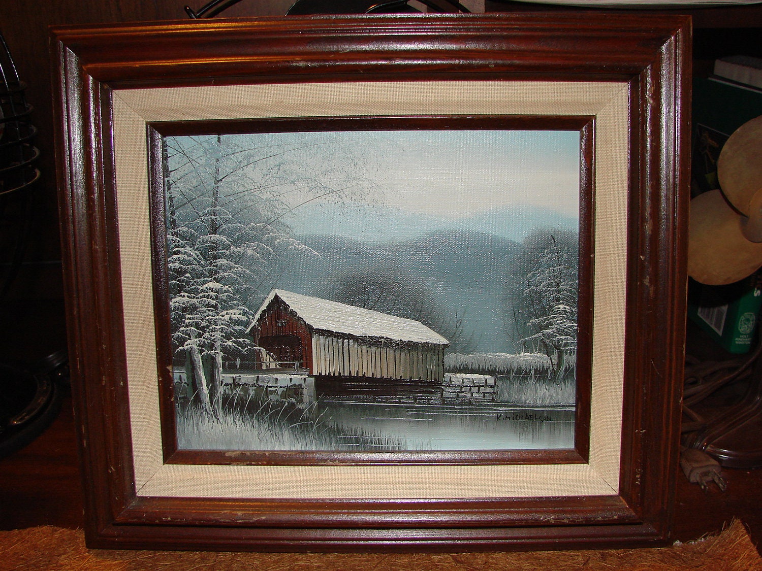 decor for printable wall by Original Michaelson Painting Winter Covered K. Bridge Oil