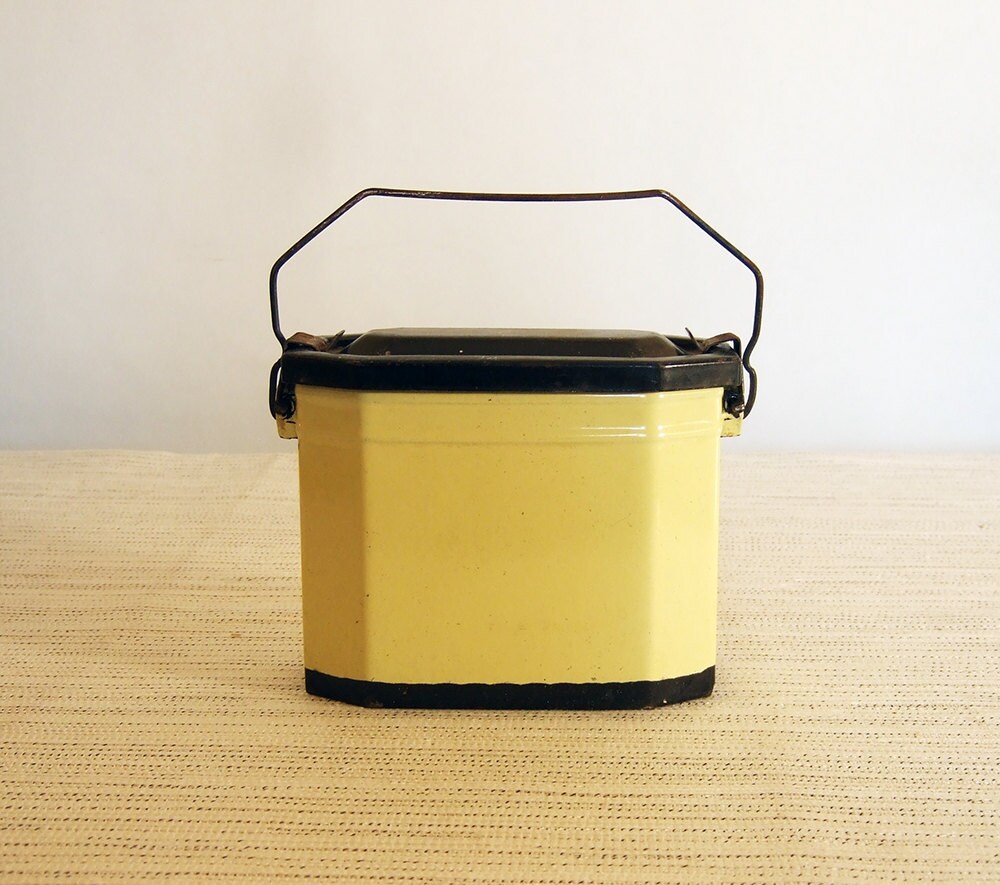 Vintage French Enamelware Lunch Pail Box tin in Soft Yellow