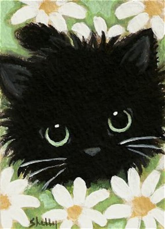 ACEO Original Painting Black Cat  in Daisies Floral Art by