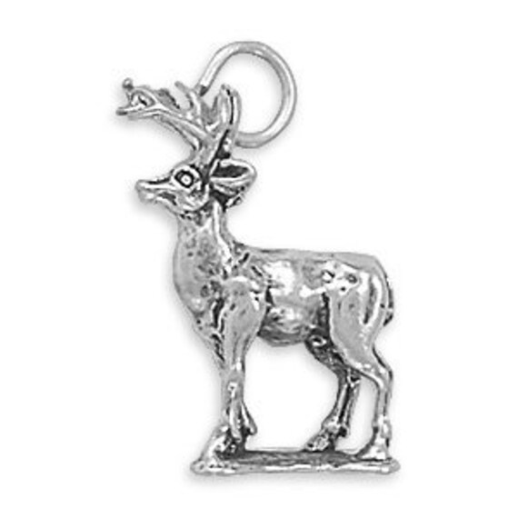 Sterling Silver Deer Charm Pendant 3D Buck with Antlers Animal