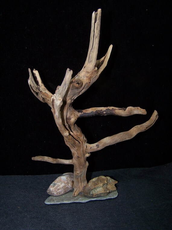 Driftwood tree on slate base with rocks aquarium safe 9x6x3