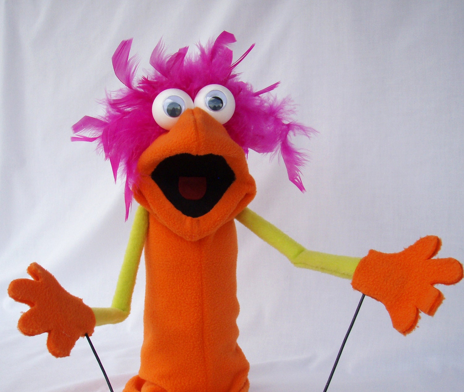 Orange Yellow and Pink Hand Puppet with Rod Arms Google Eye