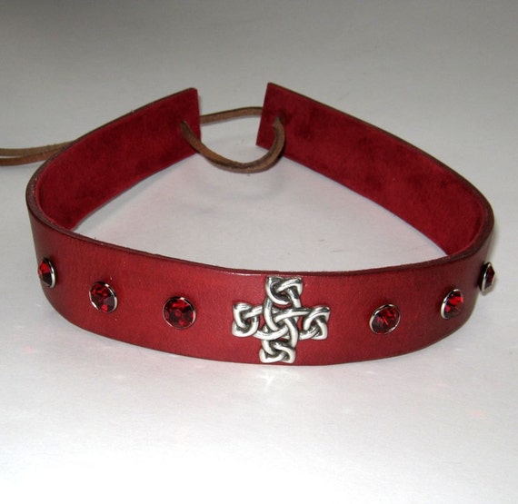 Celtic Leather Headband Red SCA Fantasy Headband Medieval